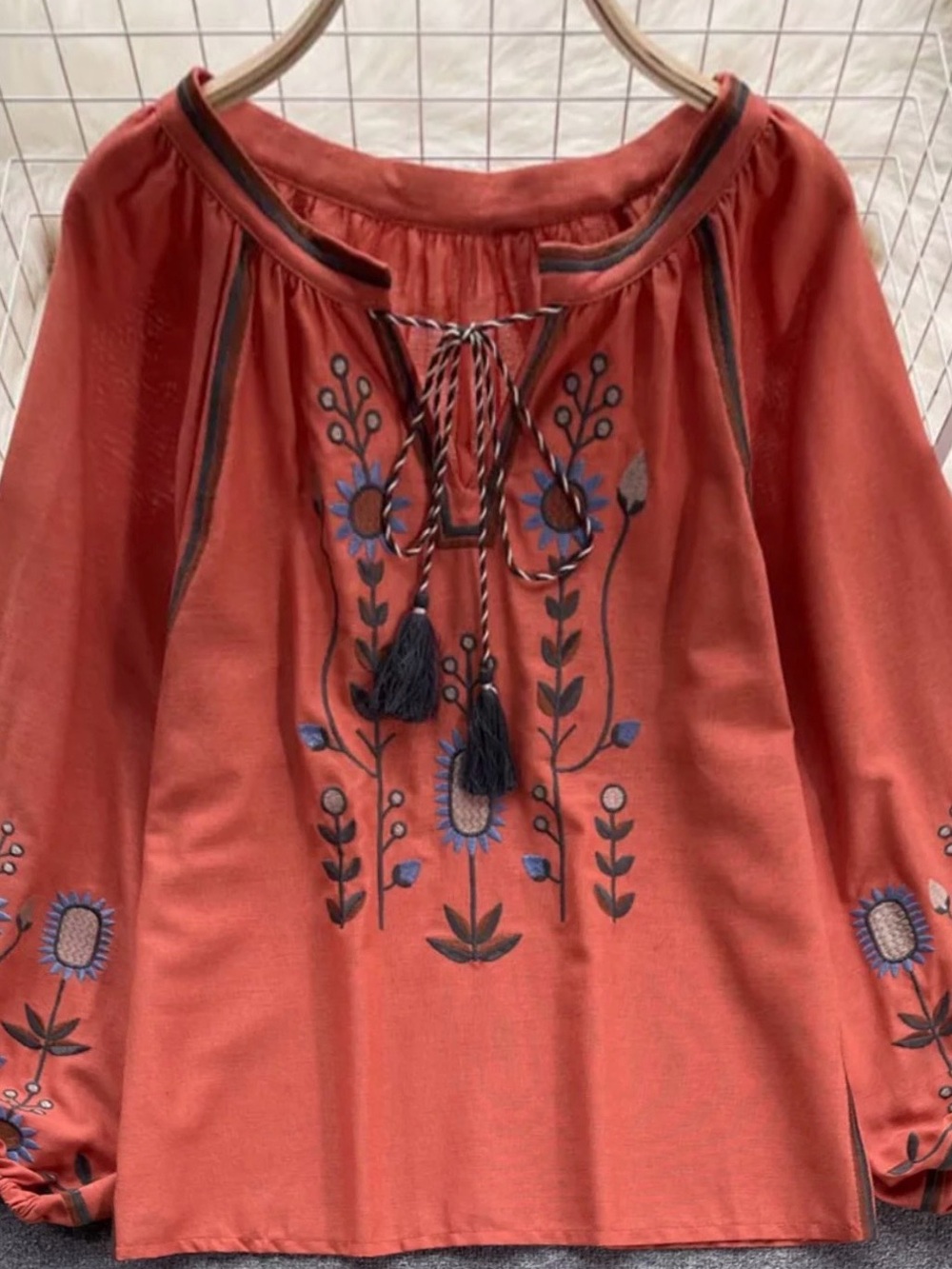 🧡 Hello Gorgeous! Fall Boho Embroidered Peasant Tunic Top- Rust
